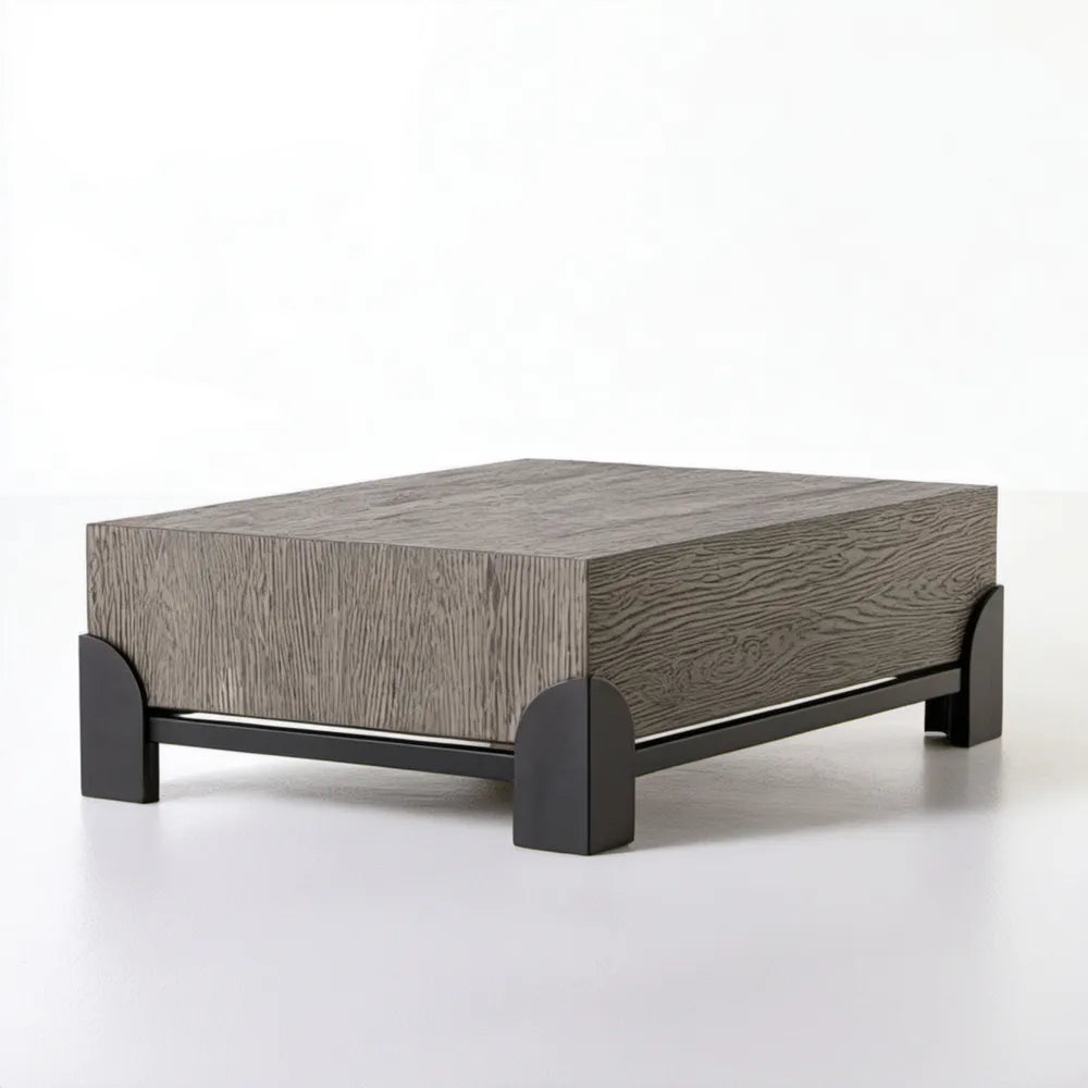 Prostokątny stolik kawowy MDF w dekorze szarego dębu z czarną stalową podstawą 100 x 60 x 35 cm