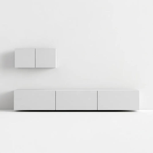 Biały zestaw mebli z lakierowanej płyty MDF, element dolny 180 x 30 x 35 cm, element wiszący 80 x 30 x 40 cm