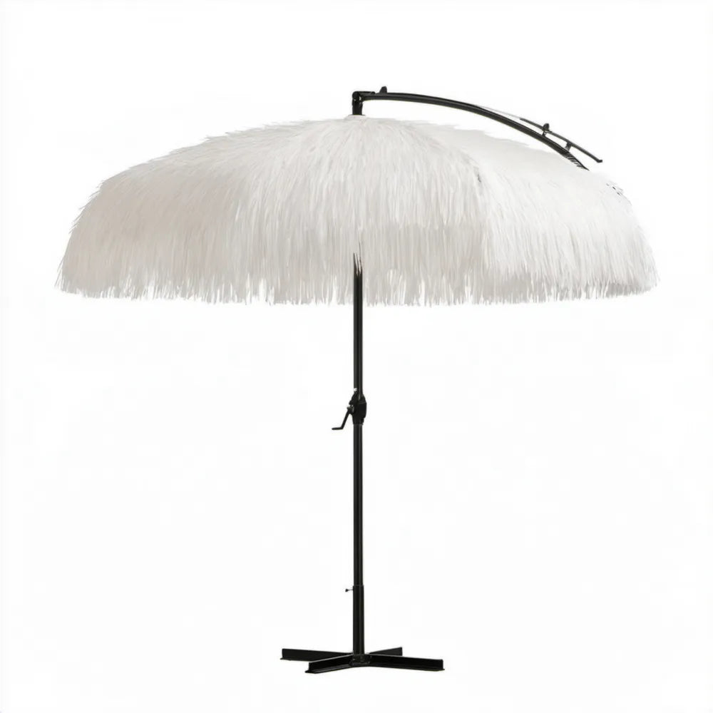 Biało-czarny parasol ogrodowy z poliestrowymi frędzlami, okrągły Ø250 cm, wysokość 245 cm