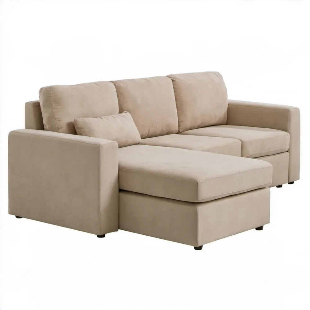 Beżowa sofa narożna 3-osobowa z szezlongiem, mikrofibra poliestrowa, 250 × 160 × 85 cm