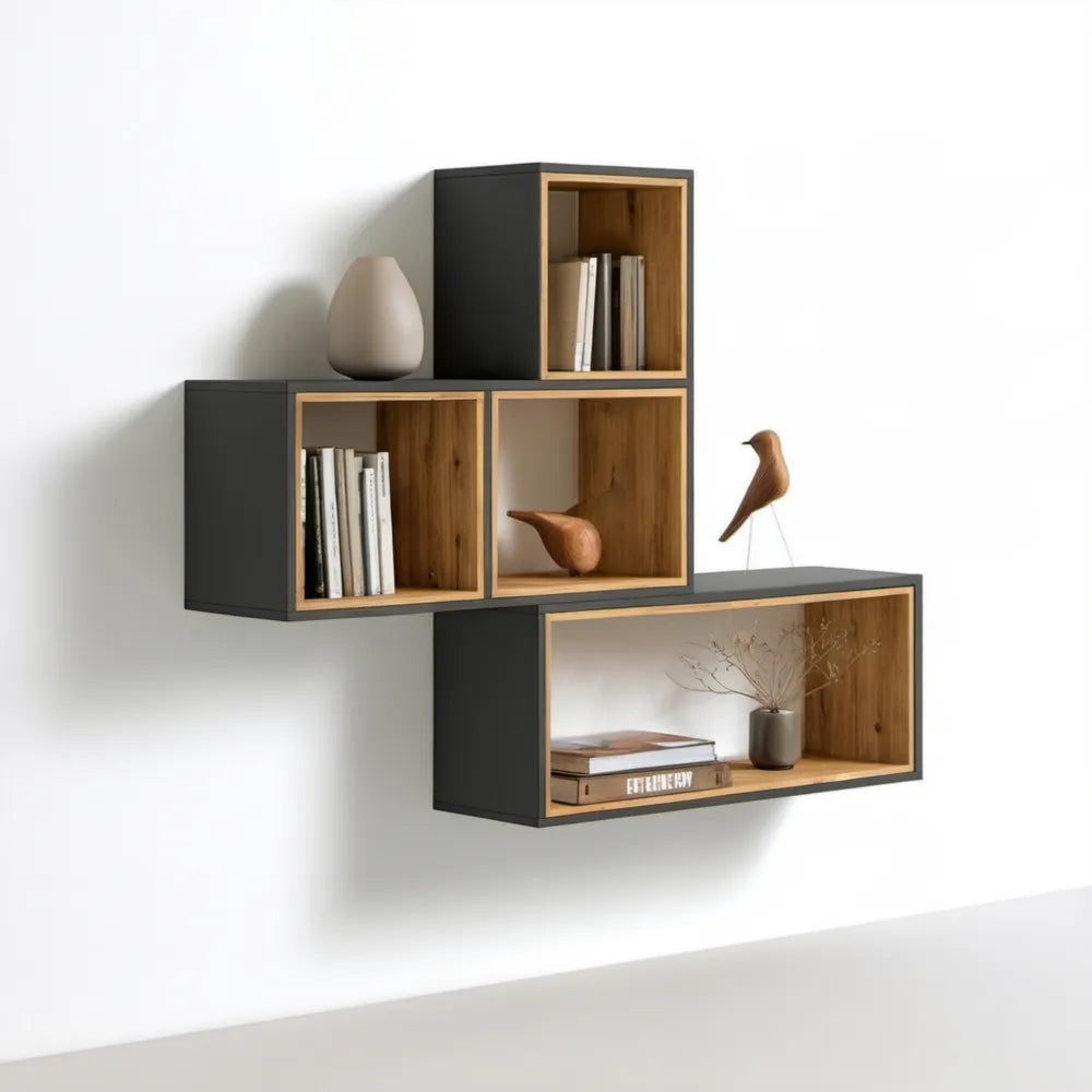 Zestaw 4 półek ściennych czarny matowy i dąb naturalny – 2 x 40 × 40 × 25 cm, 2 x 80 × 40 × 25 cm