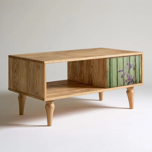 Prostokątny stolik kawowy z litego drewna sosnowego 100 x 50 x 45 cm, naturalny brąz/zielony/fioletowy