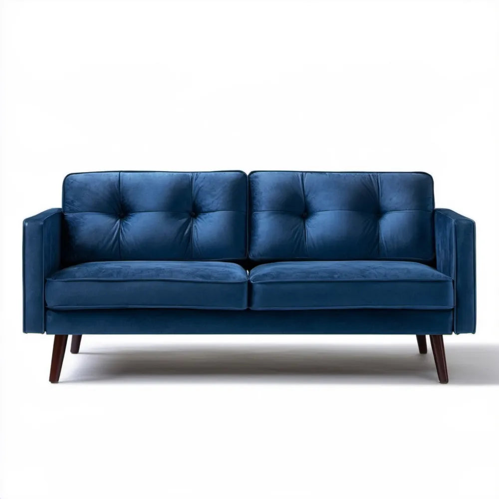 Dwuosobowa sofa z granatowego aksamitu poliestrowego z ciemnobrązowymi nogami, 180 x 82 x 84 cm