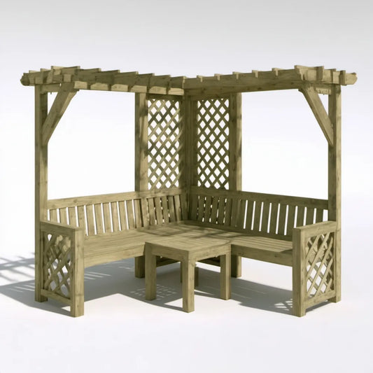 Narożna pergola ogrodowa z ławkami i stolikiem z impregnowanego drewna sosnowego, naturalno-zielona, 210 x 210 x 210 cm