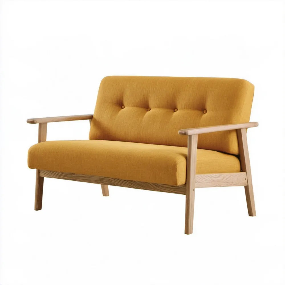 Dwuosobowa sofa musztardowa z jasnobrązową ramą z litego drewna kauczukowego 120 x 75 x 78 cm