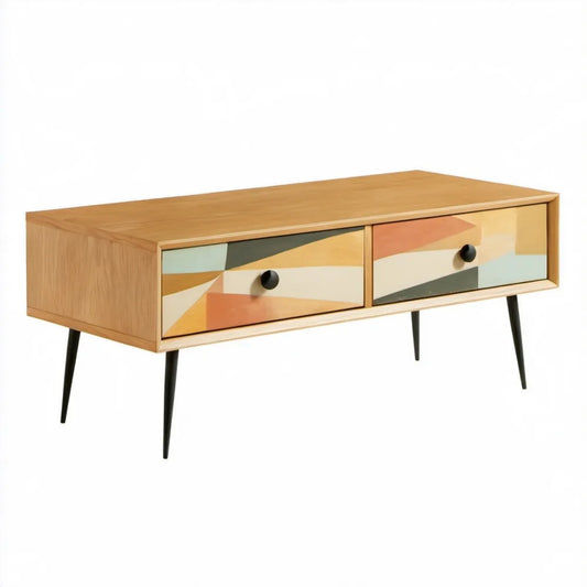 Prostokątny stolik kawowy retro z 2 szufladami, 120 x 60 x 45 cm, naturalny dąb/wielokolorowy