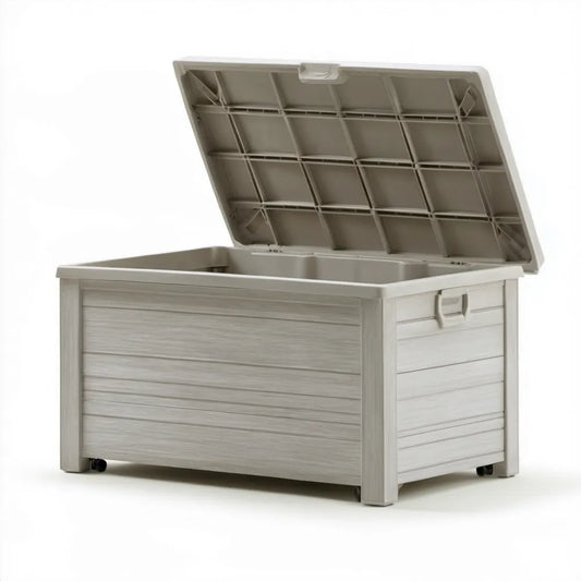 Szara skrzynia ogrodowa z PP 320 l, 120 x 56 x 64 cm, z pokrywą i kółkami