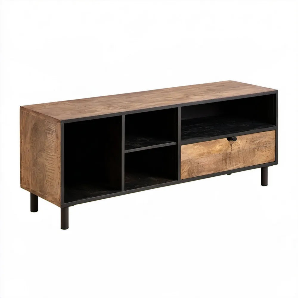 Szafka RTV z litego drewna mango i stali, naturalny brąz/czarny, 120 x 40 x 50 cm