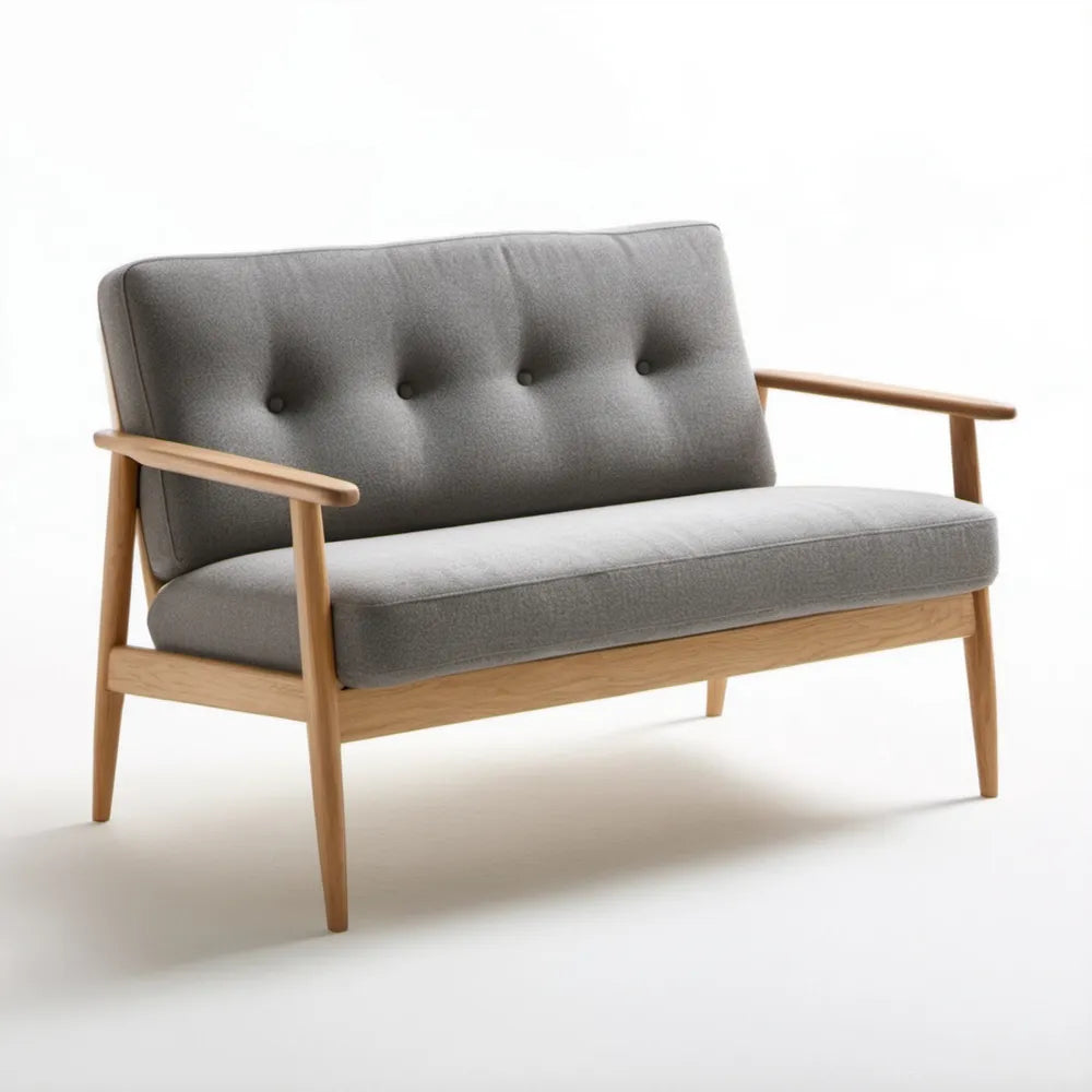 Dwuosobowa sofa skandynawska z drewna kauczukowego i poliestru, szaro-jasnobrązowa, 120 x 75 x 80 cm