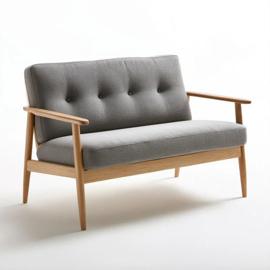 Dwuosobowa sofa skandynawska z drewna kauczukowego i poliestru, szaro-jasnobrązowa, 120 x 75 x 80 cm