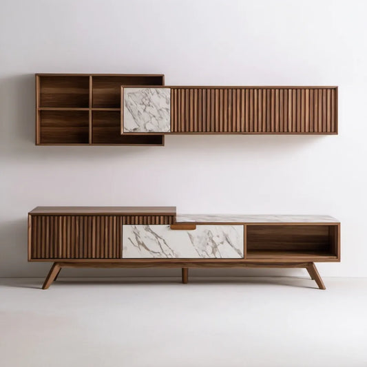 Zestaw mebli RTV z MDF, dekor orzechowy i marmurowy, 200 × 45 × 55 cm