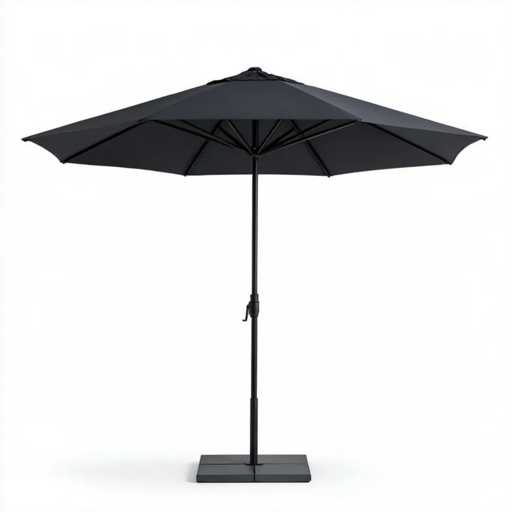 Czarny parasol ogrodowy ośmiokątny z podstawą stalową 300 cm, wysokość 250 cm