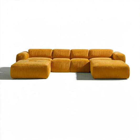 Modułowa sofa narożna w kształcie litery U ze sztruksu, musztardowa, 330 × 210 × 78 cm