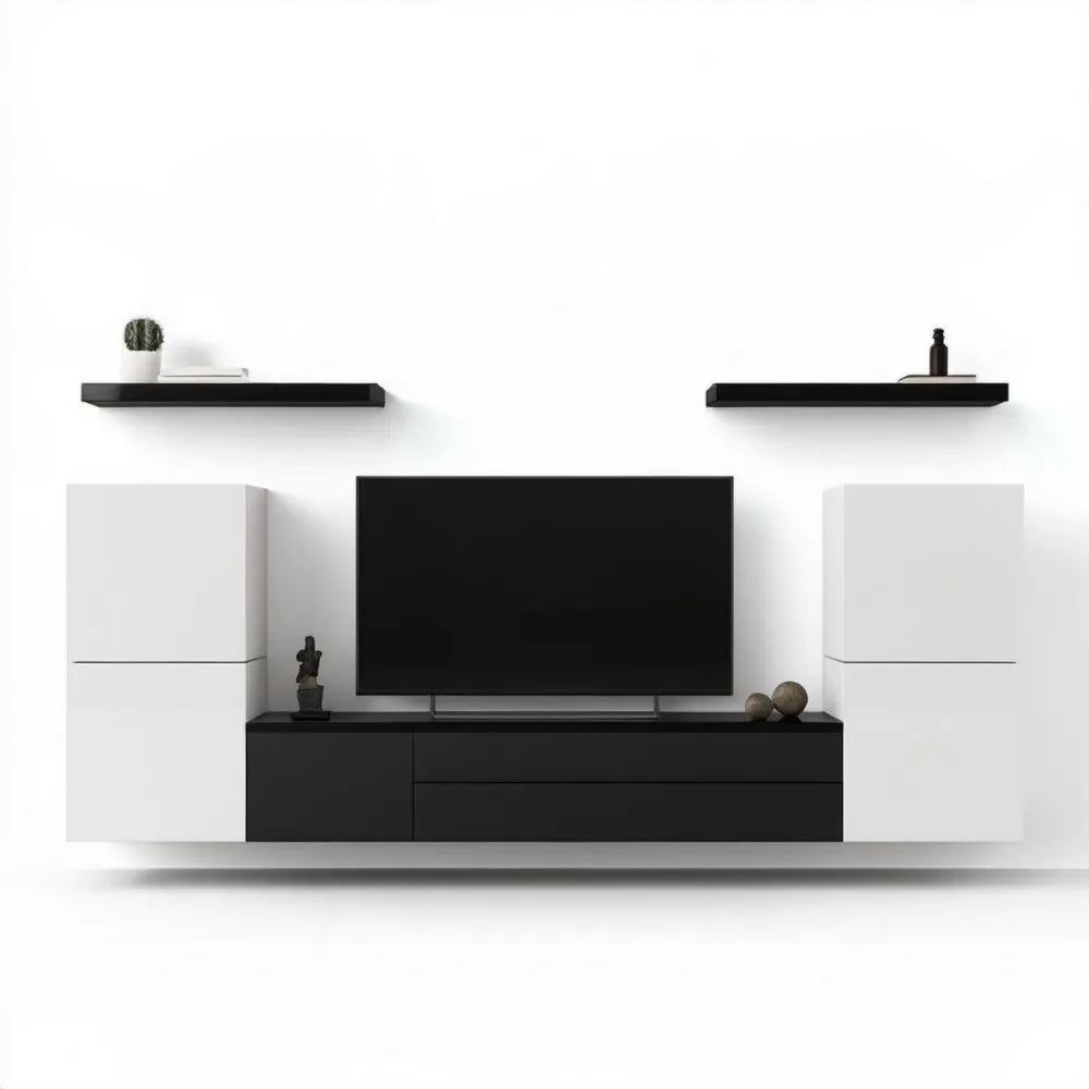 Czarno-biała meblościanka z płyty laminowanej 240 x 40 x 190 cm