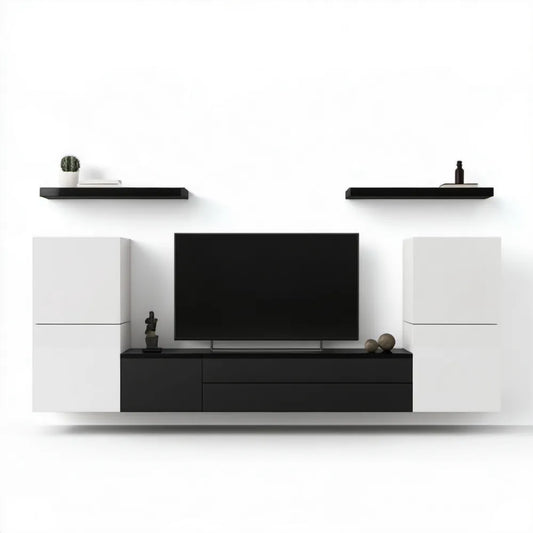 Czarno-biała meblościanka z płyty laminowanej 240 x 40 x 190 cm
