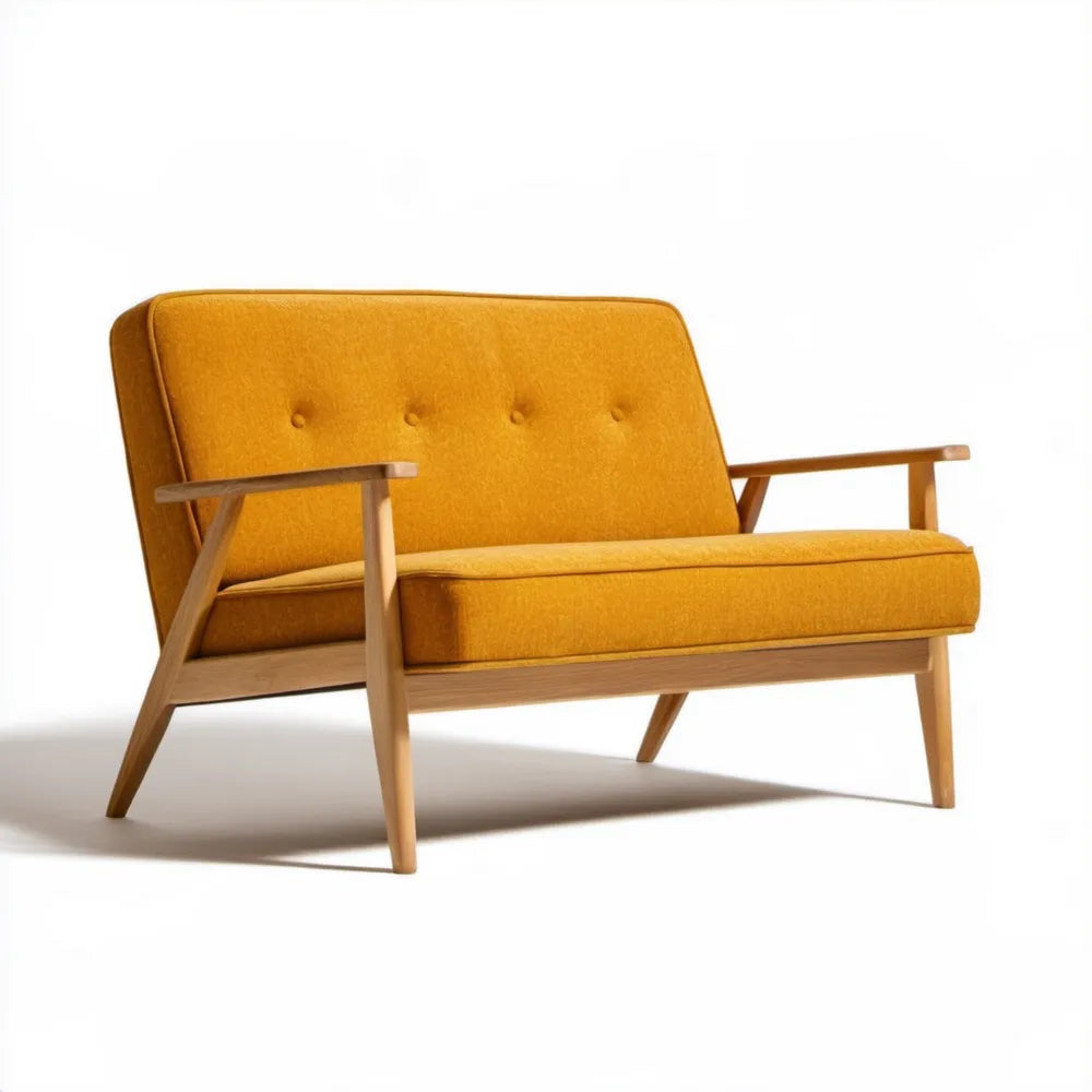Dwuosobowa sofa musztardowa z jasnobrązowym drewnianym stelażem 130 x 76 x 82 cm